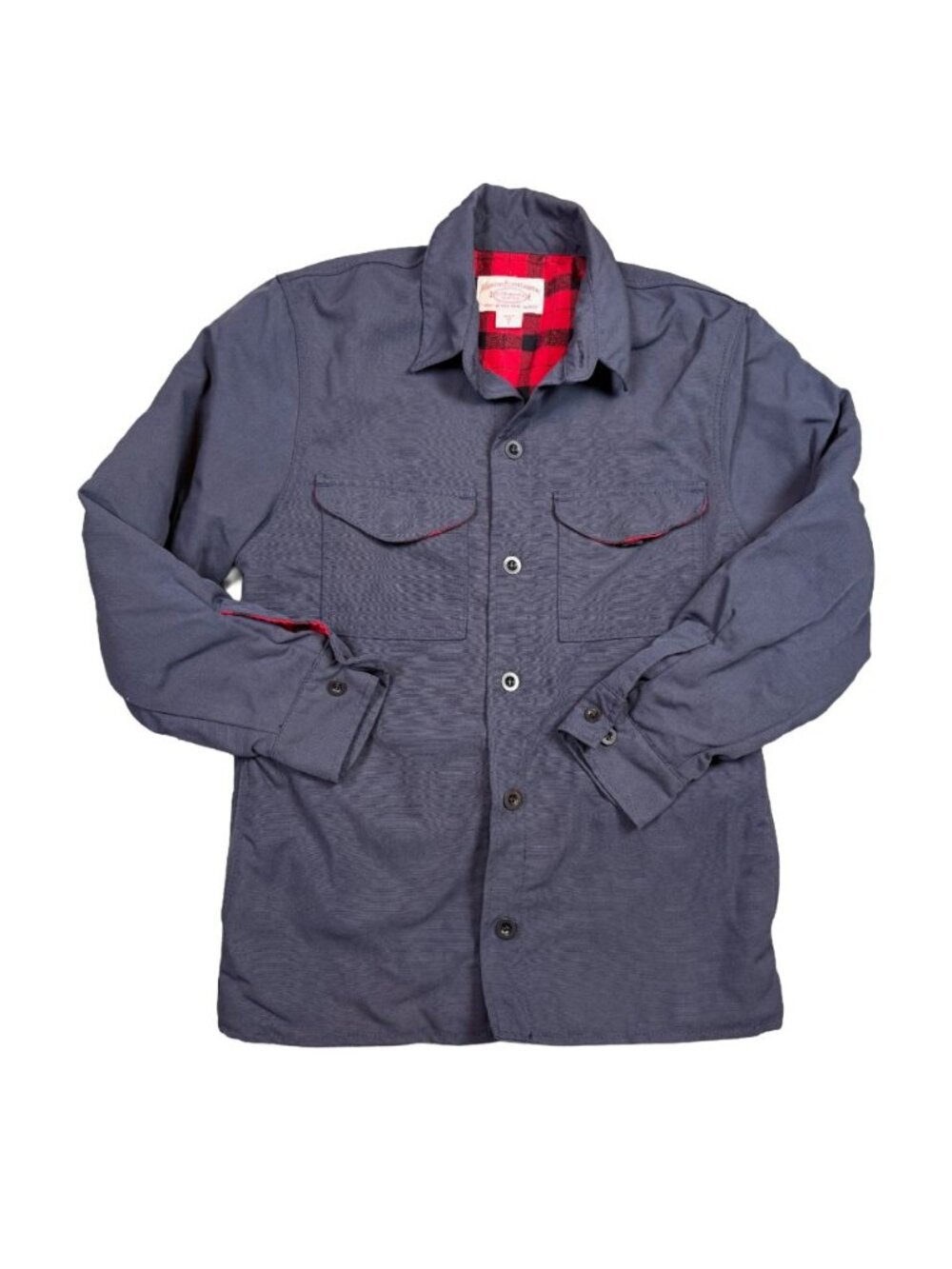 Filson 10431 Lined Jacket Shirt Barn Small Navy Blue Red Plaid USA Cotton Nylon